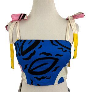 Commense Crop Top Women's Extra Small Tie Straps Shirred Back Abstract Print XS